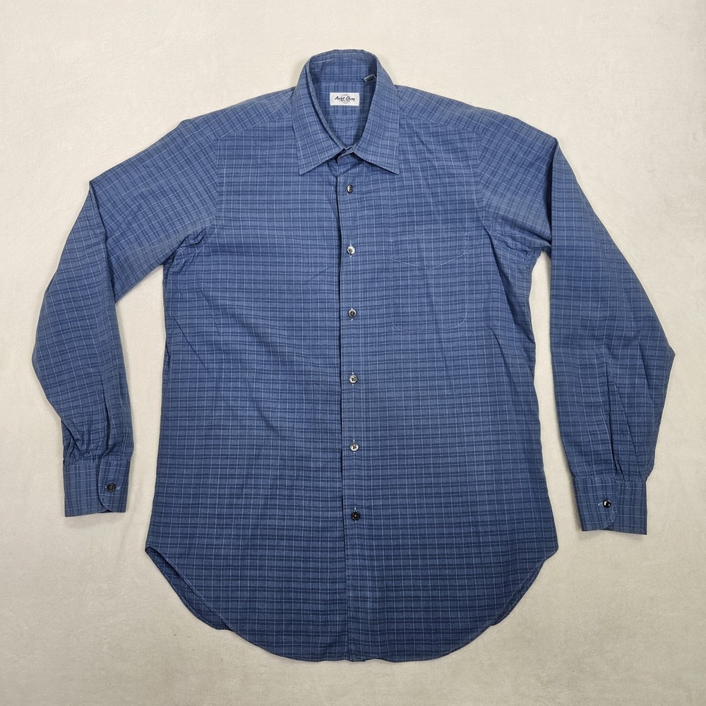 Ascot‎ Chang Men's Shirt Size (L) Blue Checkered Custom Made in Hong Kong Vtg